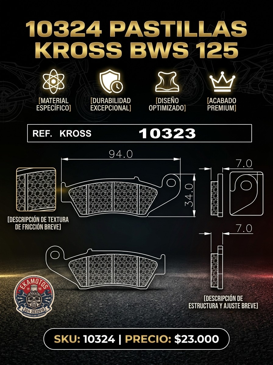 10324 PASTILLAS KROSS BWS 125 - Código SKU 10324 - Repuesto Moto EKAMOTO